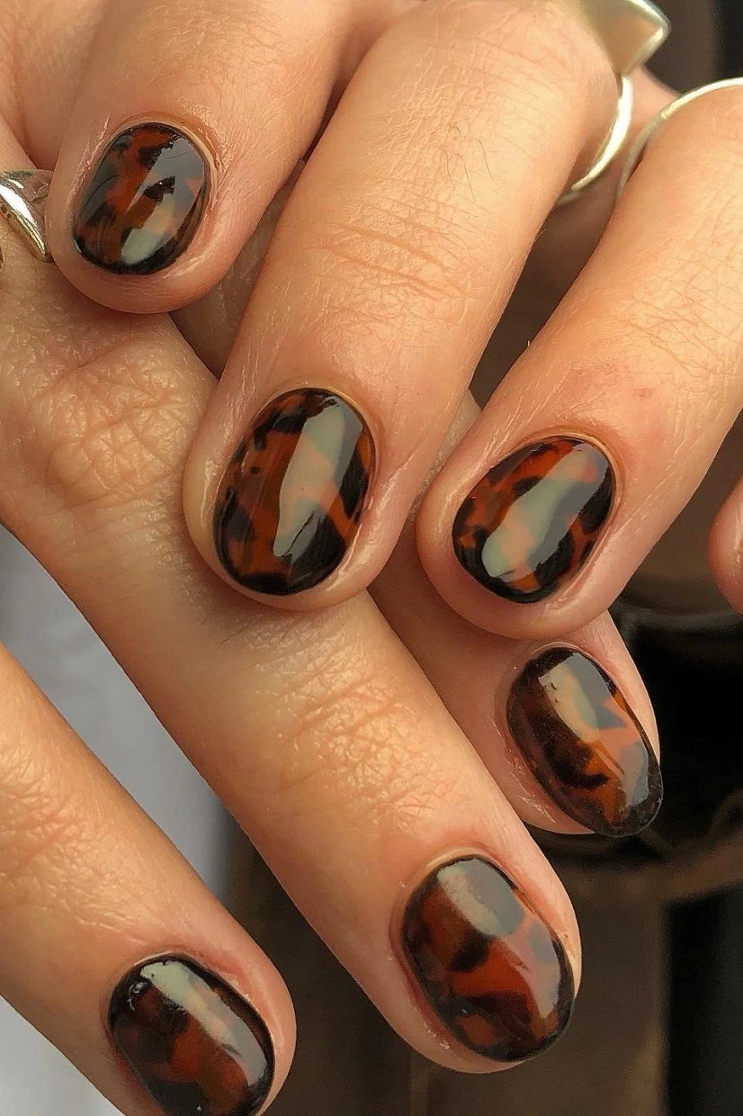 Tortoiseshell nail design: Short Round Tortoise with Silver Rings for women over 50