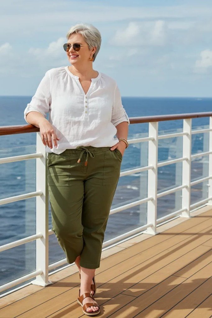 White button-down shirt with olive green cropped pants and strappy flat sandals, sunglasses on, leaning on a cruise ship deck railing; relaxed nautical daytime look - travel outfit for women over 50