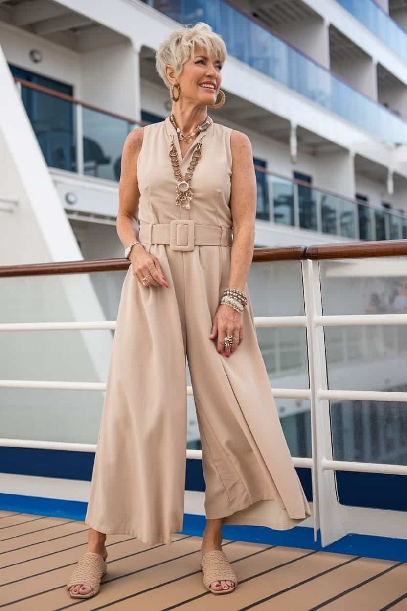 Sleeveless beige belted jumpsuit with wide legs and delicate jewelry, standing on a cruise ship deck; elegant monochrome cruise outfit - travel outfit for women over 50