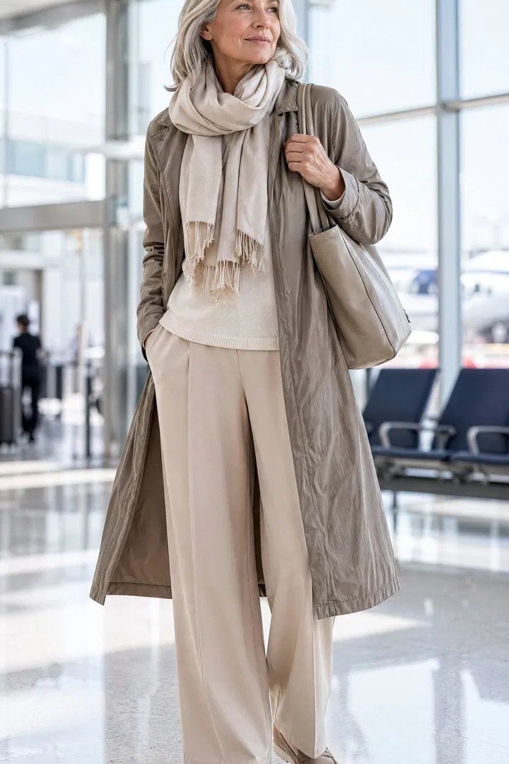 Taupe trench-style long vest over a gray top and beige wide-leg pants, with a slouchy tote at an airport; soft neutral airport layers - travel outfit for women over 50