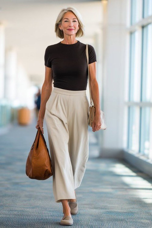 Black fitted tee with cream wide-leg pants, tan leather tote, and nude flats at an airport; timeless black-and-cream travel pairing - travel outfit for women over 50