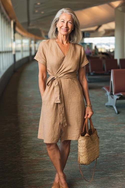 Camel wrap midi dress with a woven straw handbag, walking an airport terminal; one-piece polished airport dress - travel outfit for women over 50