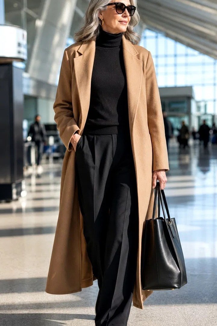 Camel wool coat over a black turtleneck and black wide-leg pants, carrying a black tote at an airport; luxe winter airport ensemble - travel outfit for women over 50