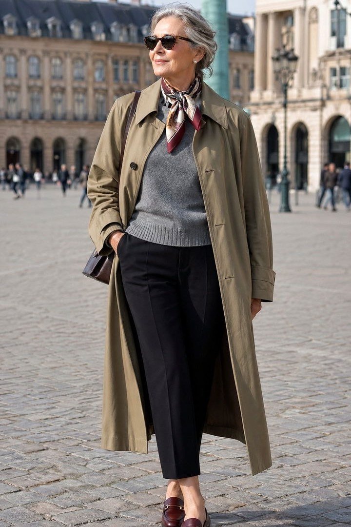 Long olive trench coat over a gray sweater, black pants, and a patterned scarf, standing in a European square; classic autumn city sightseeing layers - travel outfit for women over 50