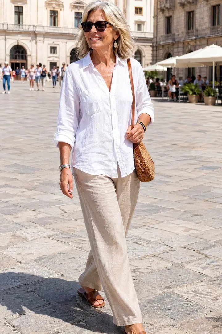 White relaxed shirt with beige wide-leg linen pants and tan sandals, walking a historic European plaza; breezy neutral sightseeing look - travel outfit for women over 50