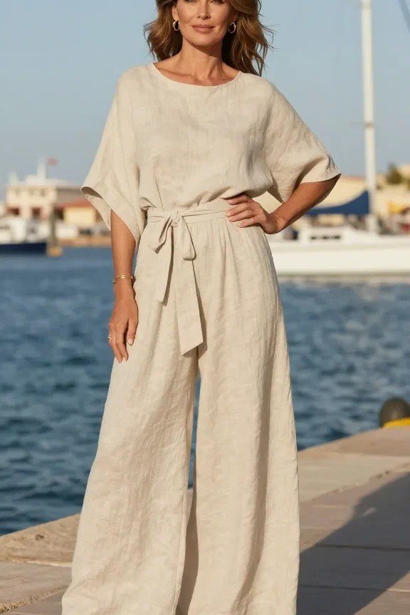 Cream wide-leg belted jumpsuit with flutter sleeves and tan sandals, on a waterfront promenade; elegant one-piece vacation jumpsuit - travel outfit for women over 50