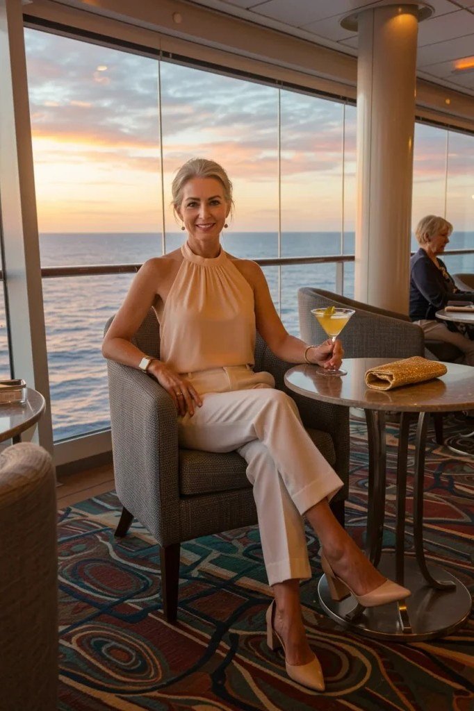 Beige halter-neck top with white wide-leg pants, seated in a cruise ship lounge at sunset; minimalist resort evening look - travel outfit for women over 50