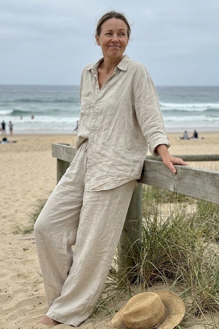 Beige linen button shirt with matching beige wide-leg linen pants and a straw hat resting nearby, on a sandy beach; relaxed tonal beach set - travel outfit for women over 50