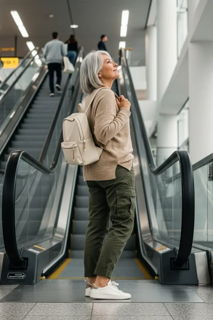 Beige zip jacket with olive green cargo pants, white sneakers, and a beige backpack, on an airport escalator; sporty comfortable travel set - travel outfit for women over 50