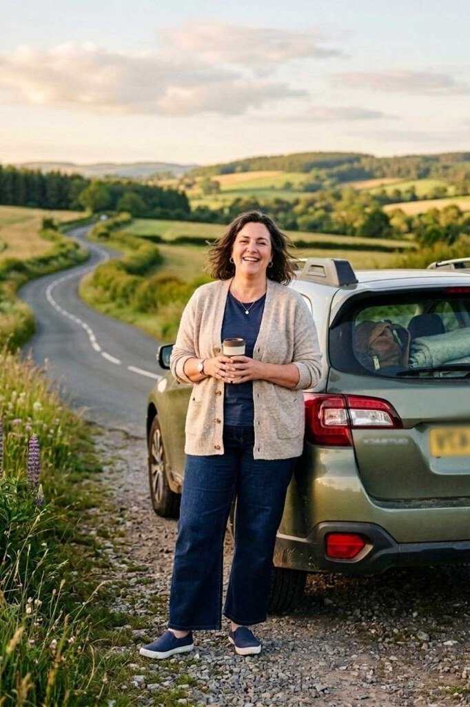 Beige knit cardigan over a tan top with dark jeans and sneakers, leaning on a car on a countryside road; cozy countryside road trip look - travel outfit for women over 50