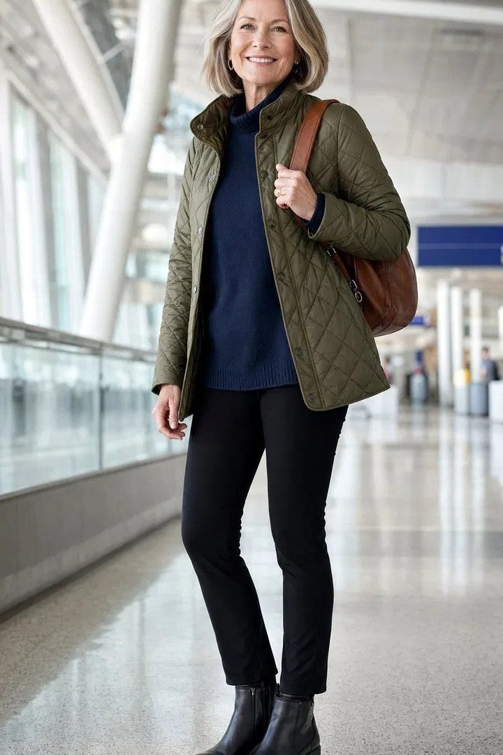 Olive green quilted jacket over a navy top with black skinny pants and black ankle boots, at an airport; polished fall airport layers - travel outfit for women over 50