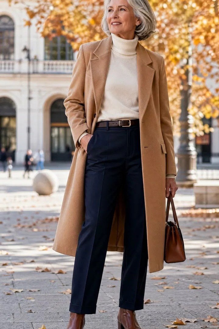 Camel wool coat over a cream turtleneck and navy tailored pants with brown ankle boots, on a city street in fall; classic camel-coat autumn look - travel outfit for women over 50