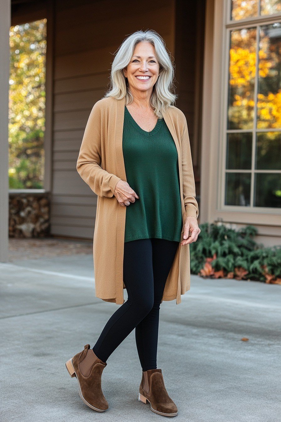 Long camel knit cardigan over a dark green top with black leggings and brown ankle boots, on a porch; cozy fall cardigan outfit - travel outfit for women over 50