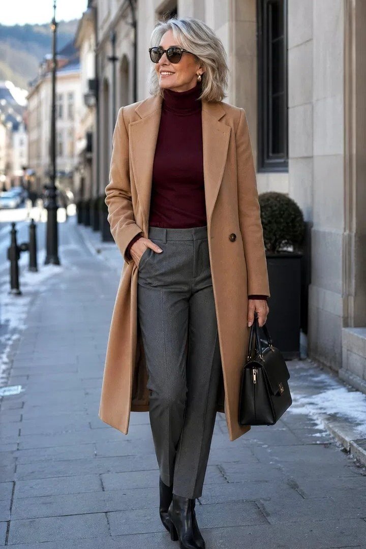 Long camel coat over a burgundy turtleneck and gray tailored pants with black boots, on a city street; rich autumn color-block coat outfit - travel outfit for women over 50