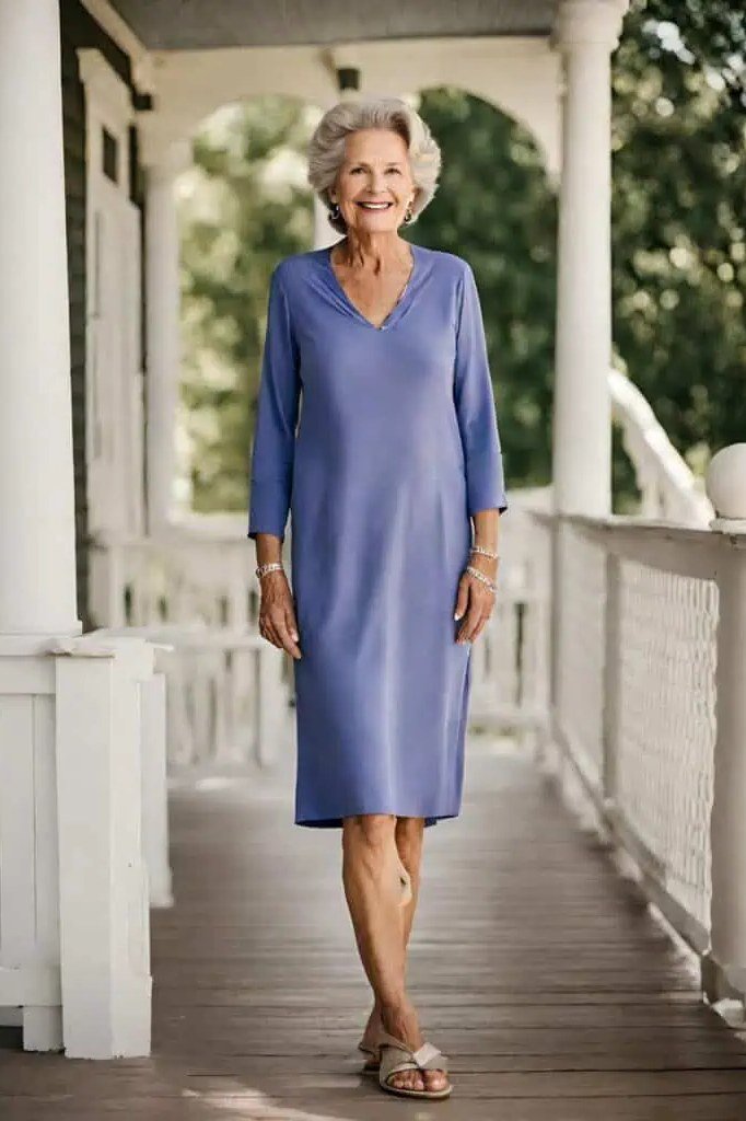 Periwinkle 3/4-Sleeve Shift Dress on the Porch, travel outfit for women over 70