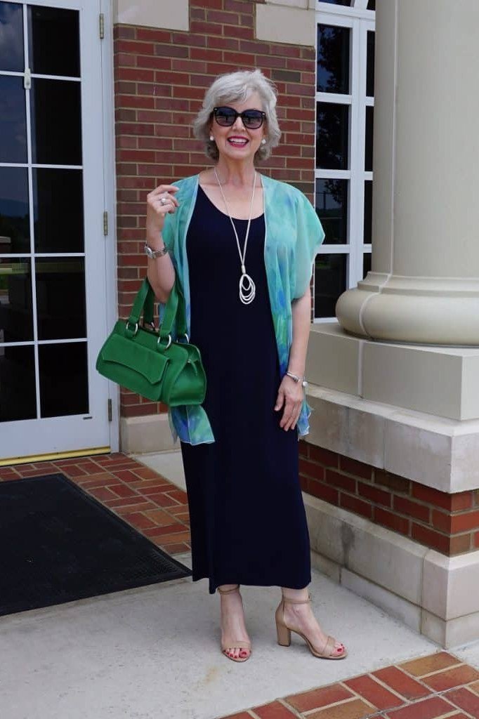 Navy Dress with Turquoise Kimono Layer and Green Handbag, travel outfit for women over 70
