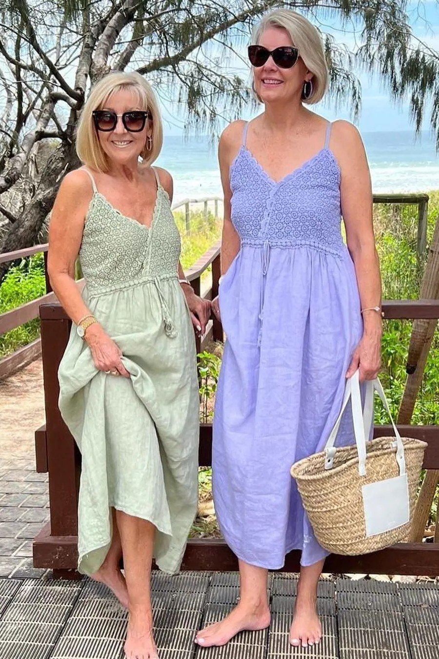 Lavender and Sage Midi Sundresses on the Beach Boardwalk, travel outfit for women over 70