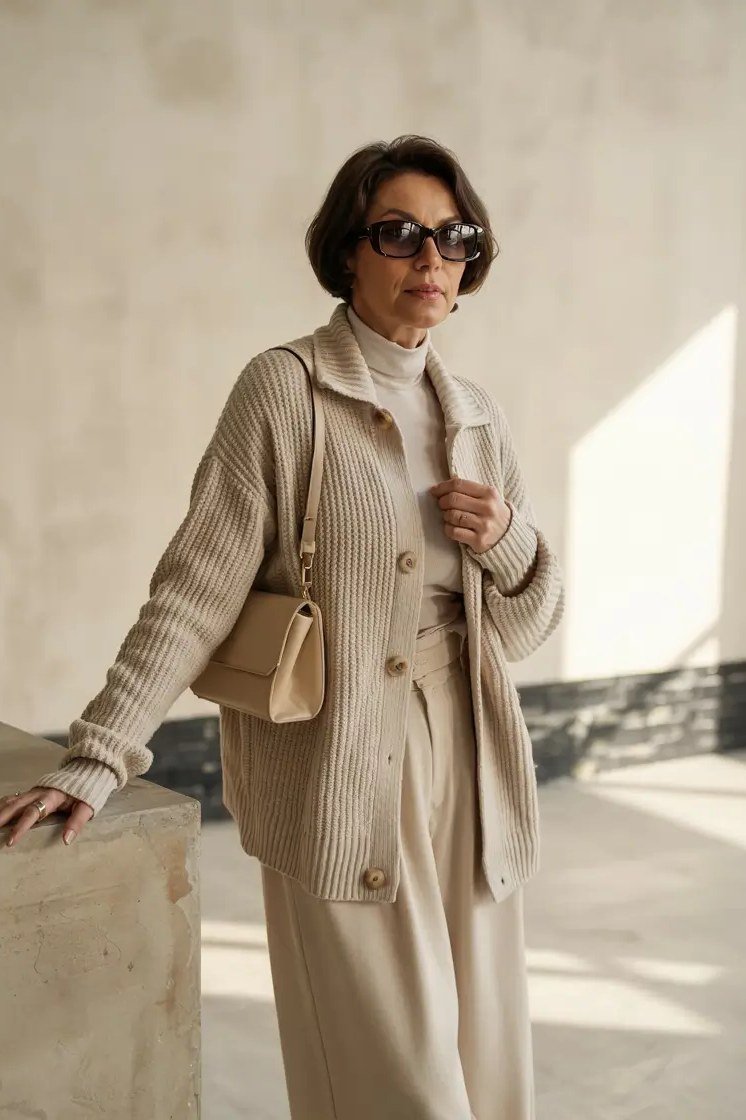 Beige Knit Cardigan and Wide-Leg Pants Set at the Airport, travel outfit for women over 70