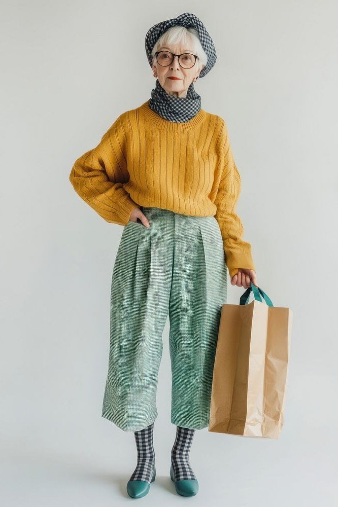 Mustard Knit Sweater with Sage Wide-Leg Cropped Pants, travel outfit for women over 70