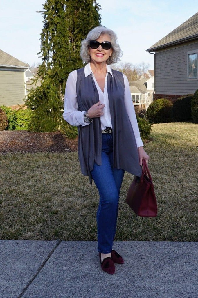 Gray Vest over White Shirt with Blue Pants, travel outfit for women over 70