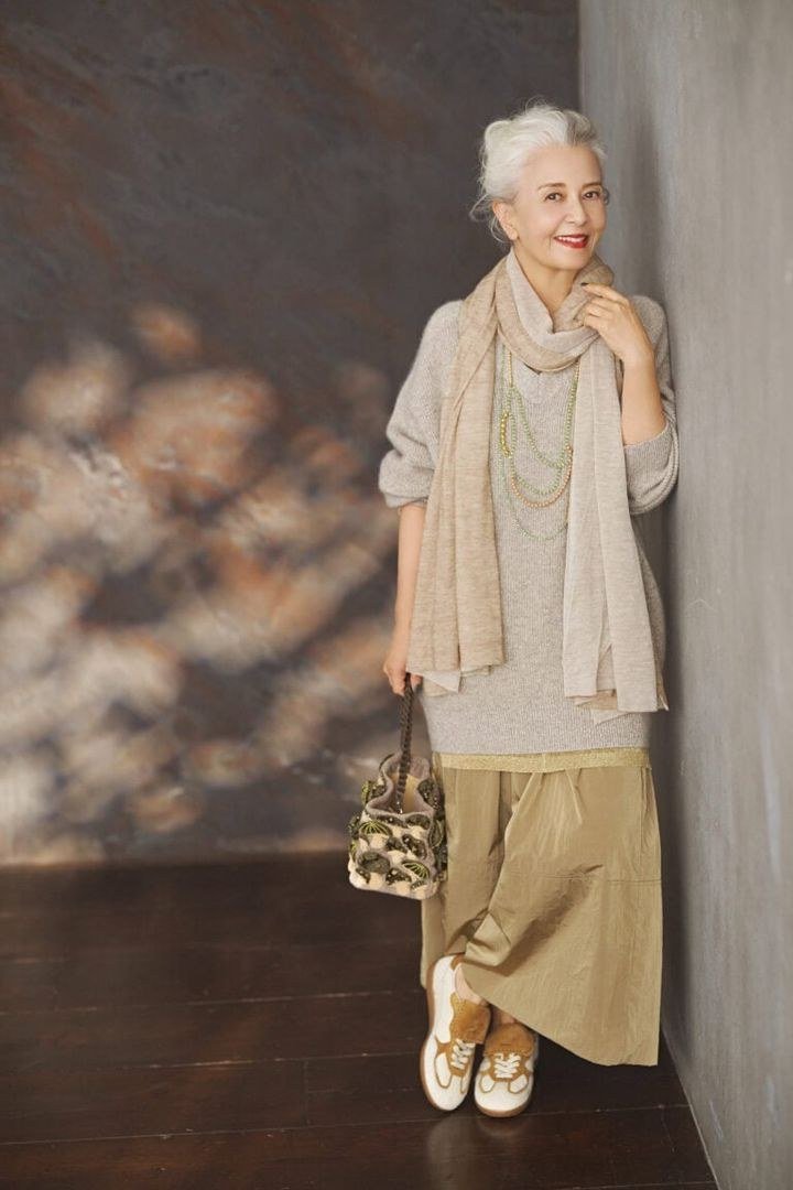 Cream Tunic and Skirt with a Printed Scarf, travel outfit for women over 70