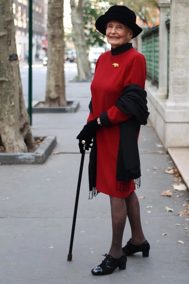Red Dress with Black Wrap and Hat, travel outfit for women over 70
