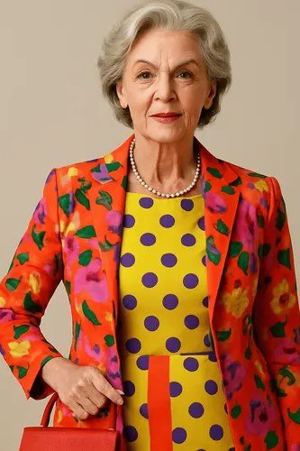Coral Floral Blazer over a Yellow Polka-Dot Top, travel outfit for women over 70