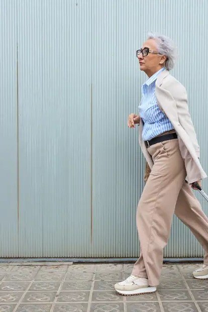 Beige Wide-Leg Pants with Blue Shirt, travel outfit for women over 70