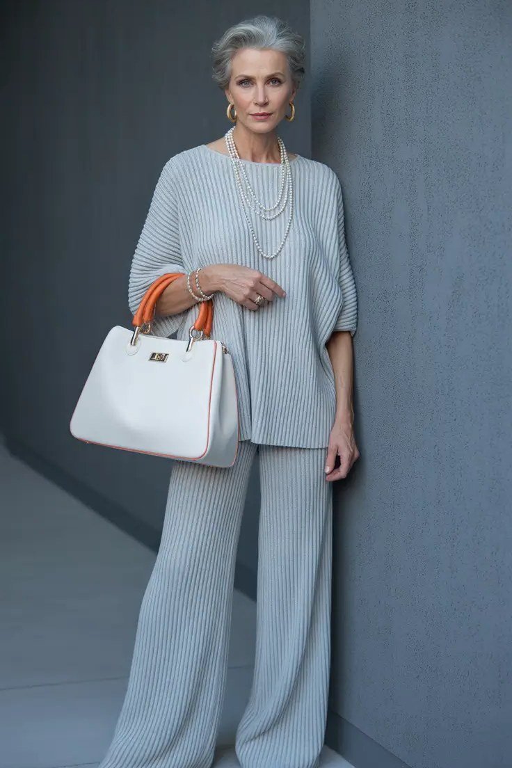 Light Blue Knit Set with a White Handbag, travel outfit for women over 70