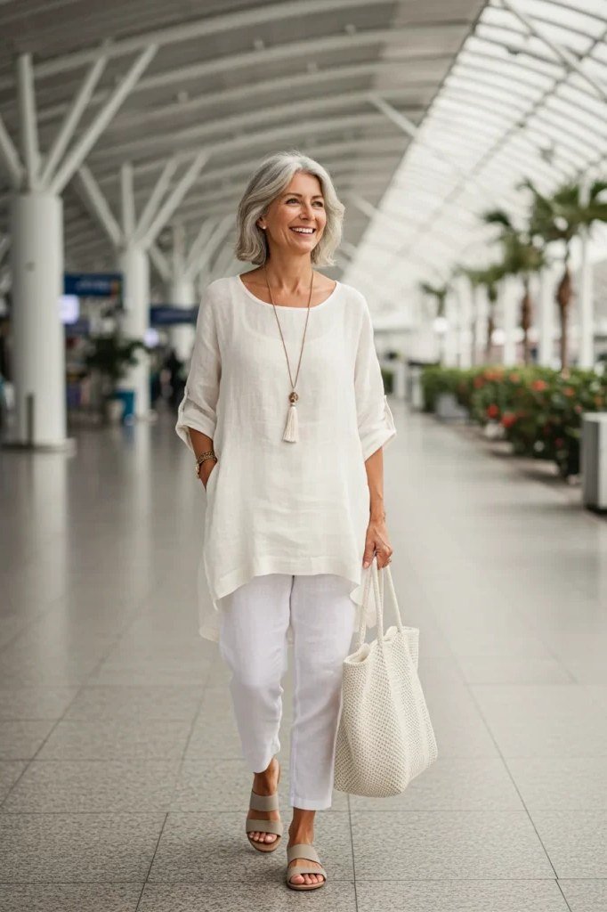 Cream Tunic with White Pants and Sandals, travel outfit for women over 70