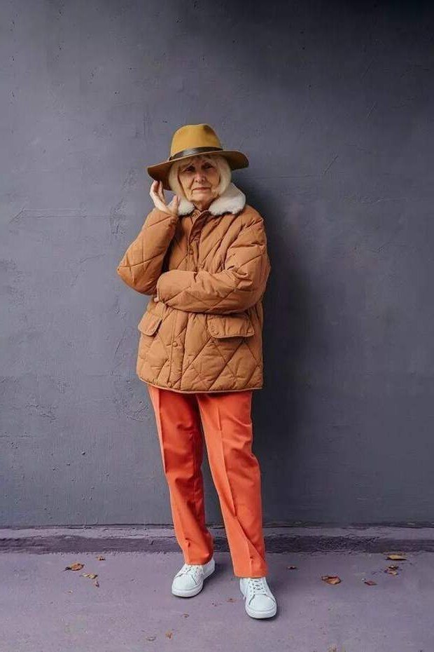 Tan Quilted Puffer Jacket with Rust Pants, travel outfit for women over 70