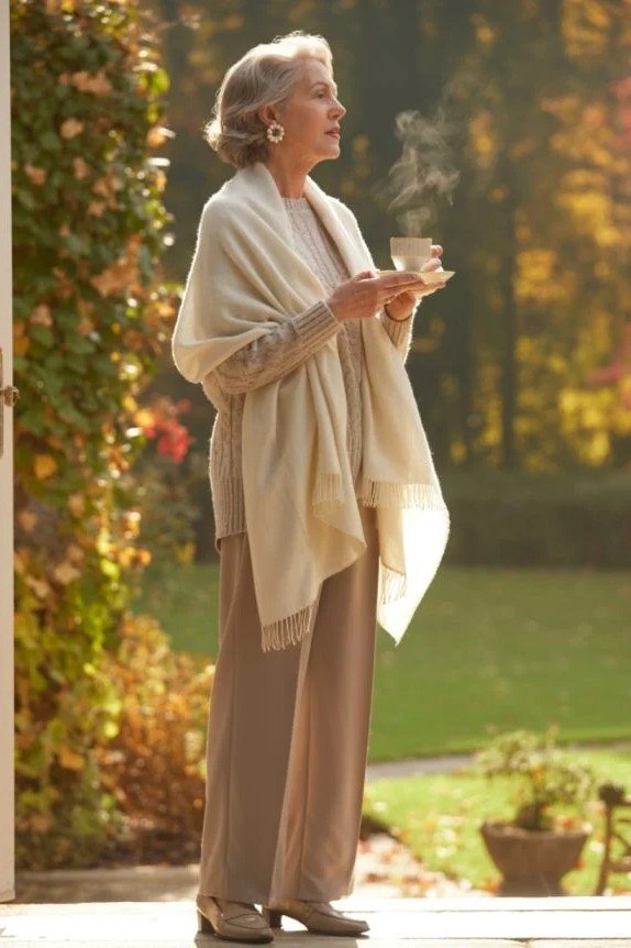 Cream Wrap Shawl over Beige Wide-Leg Outfit, travel outfit for women over 70