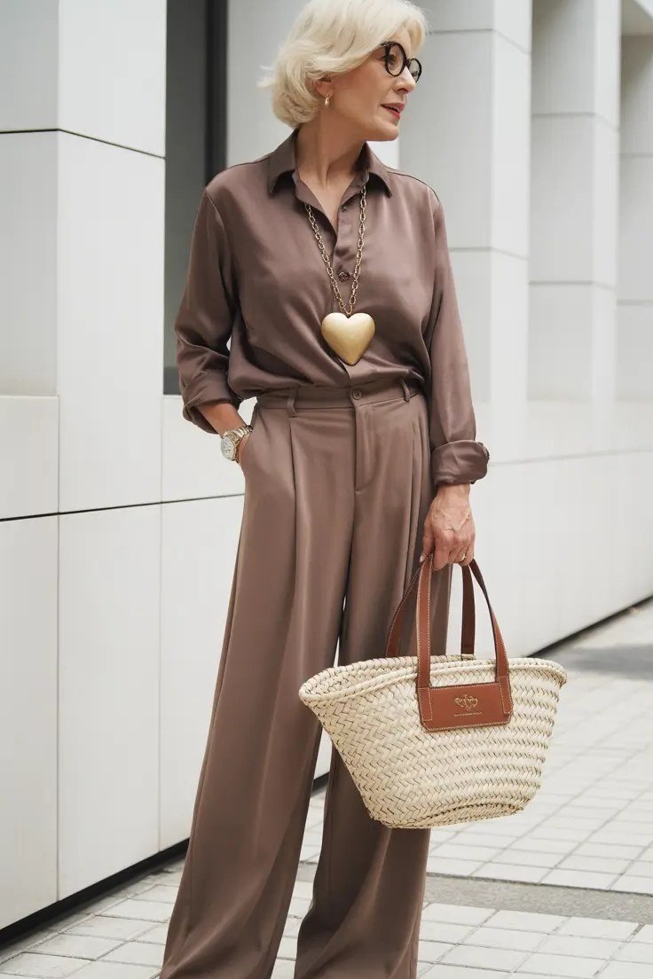 Taupe Sleeveless Wide-Leg Jumpsuit with Straw Tote, travel outfit for women over 70