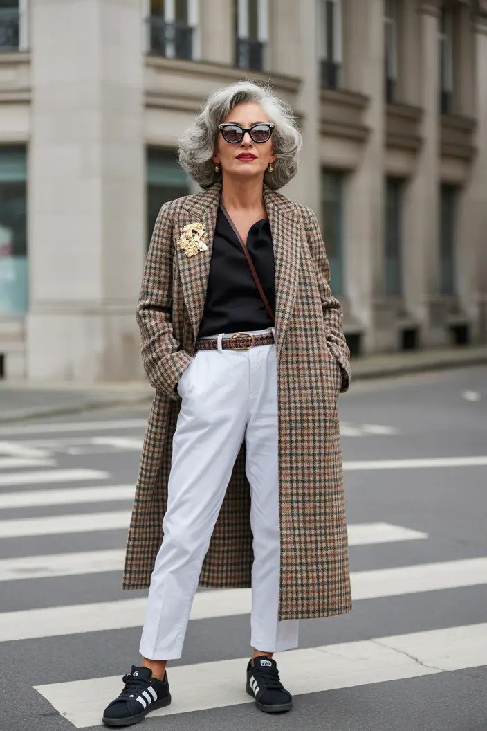 Brown Houndstooth Long Coat with White Trousers, travel outfit for women over 70