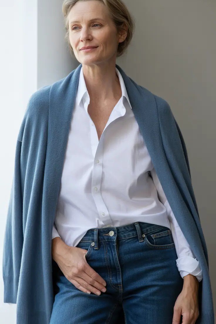 White Shirt with Dusty-Blue Cardigan and Jeans, travel outfit for women over 70