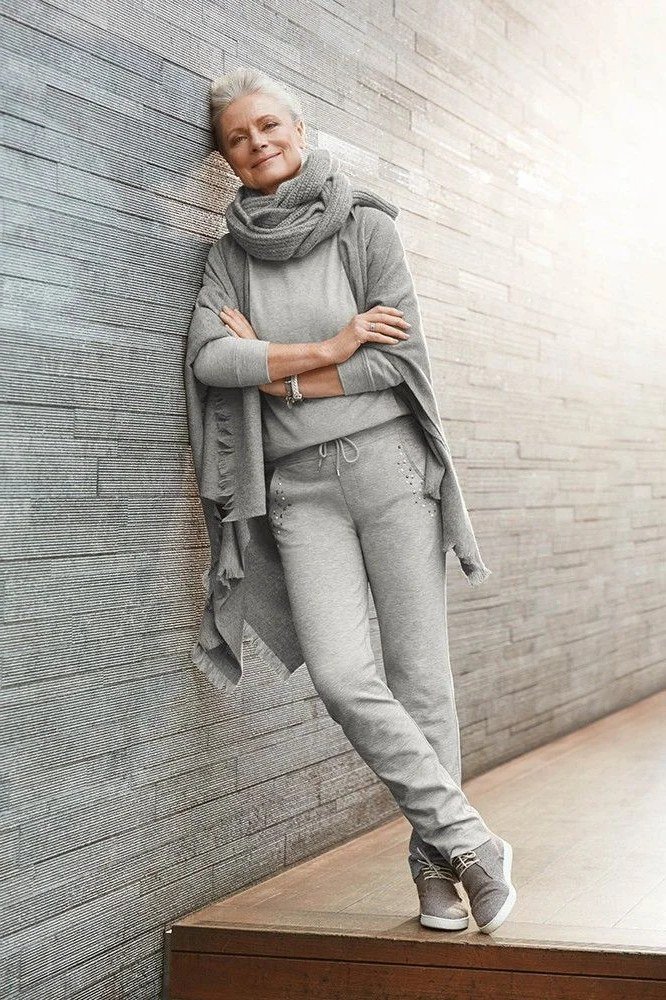 Gray Sweater with Gray Pants, Scarf, and Boots, travel outfit for women over 70