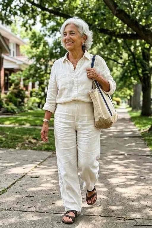 All-White Relaxed Outfit on a Tree-Lined Street, travel outfit for women over 70