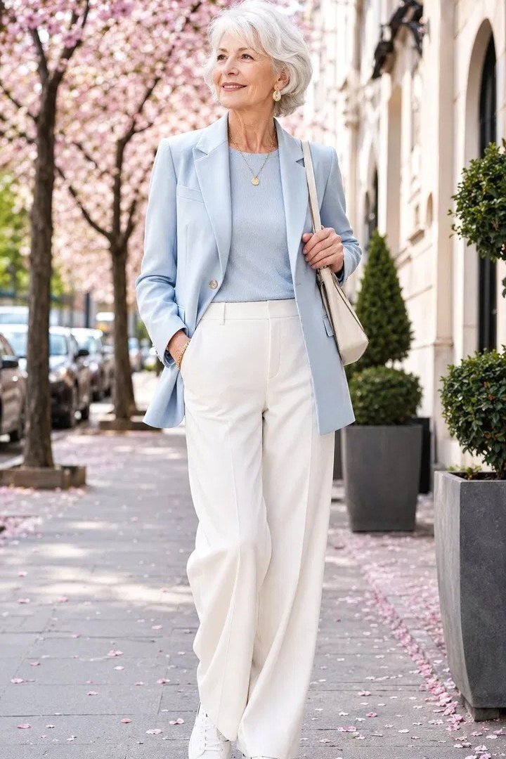 Older woman light blue blazer with white wide leg pants on street - trendy outfit idea for women over 70