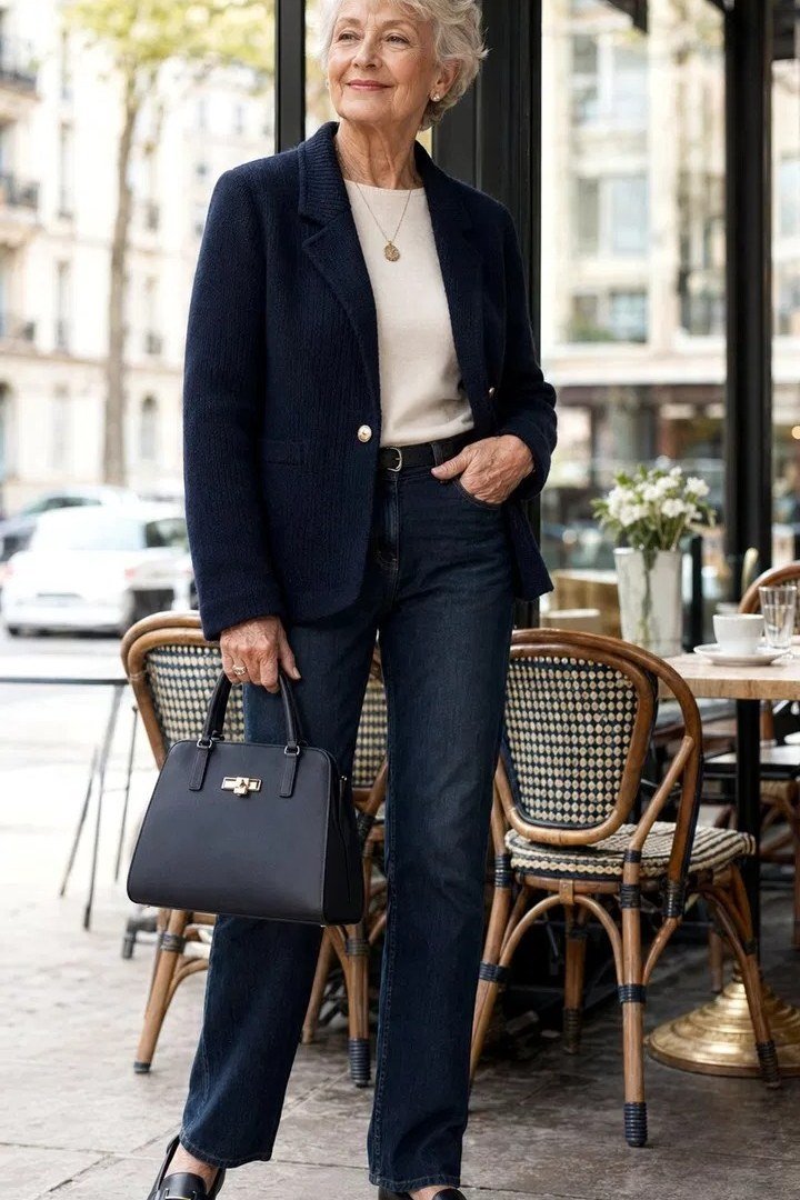 Older woman navy blazer with white tee and dark jeans at cafe - trendy outfit idea for women over 70