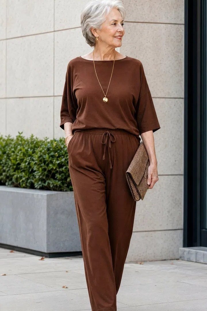 Older woman brown short sleeve jumpsuit with clutch - trendy outfit idea for women over 70