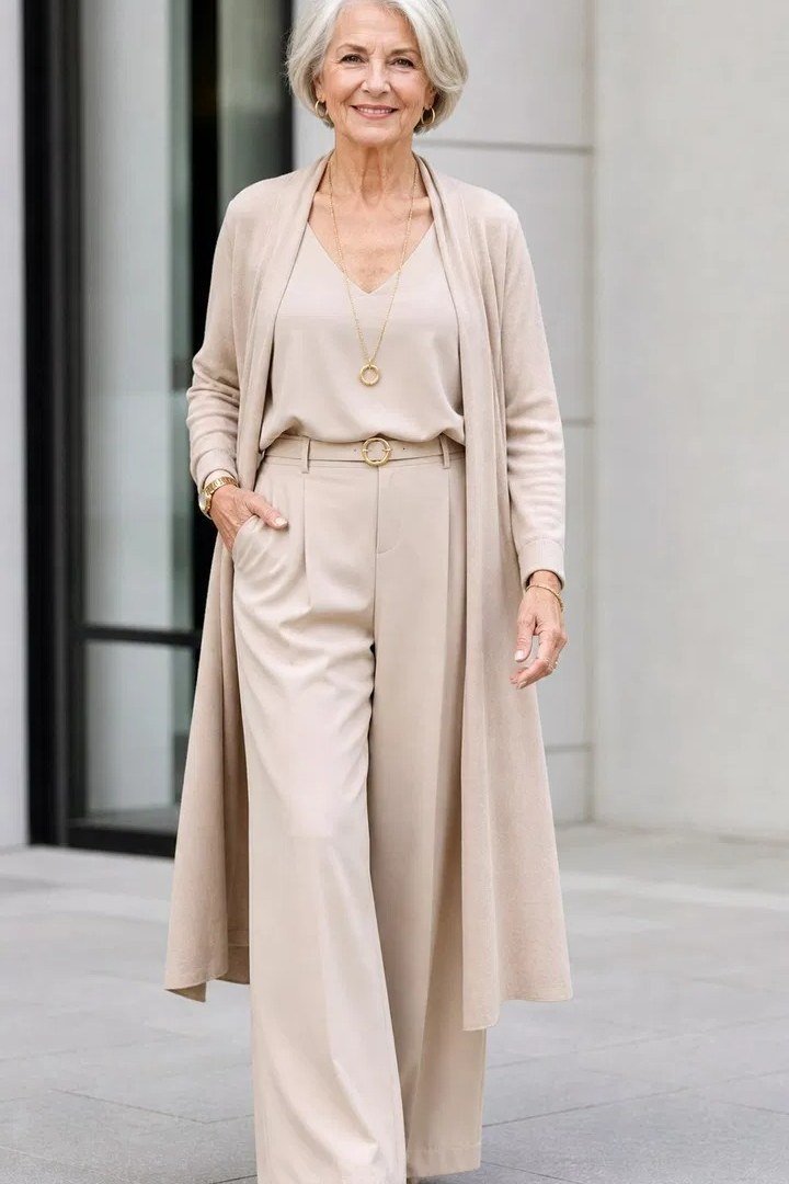 Older woman head to toe beige monochrome outfit - trendy outfit idea for women over 70