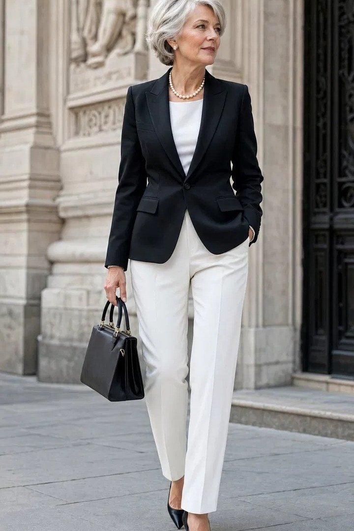 Older woman black blazer with white wide pants and loafers - trendy outfit idea for women over 70