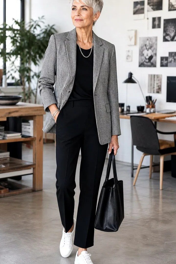 Older woman gray blazer with black trousers and white sneakers office - trendy outfit idea for women over 70
