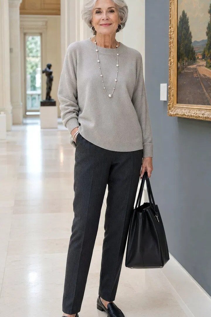 Older woman taupe sweater with charcoal trousers at museum - trendy outfit idea for women over 70