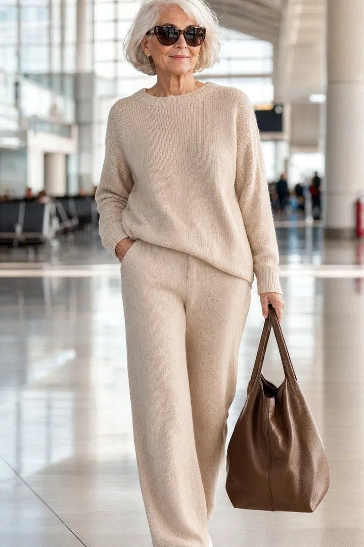 Older woman beige knit co ord set at airport - trendy outfit idea for women over 70