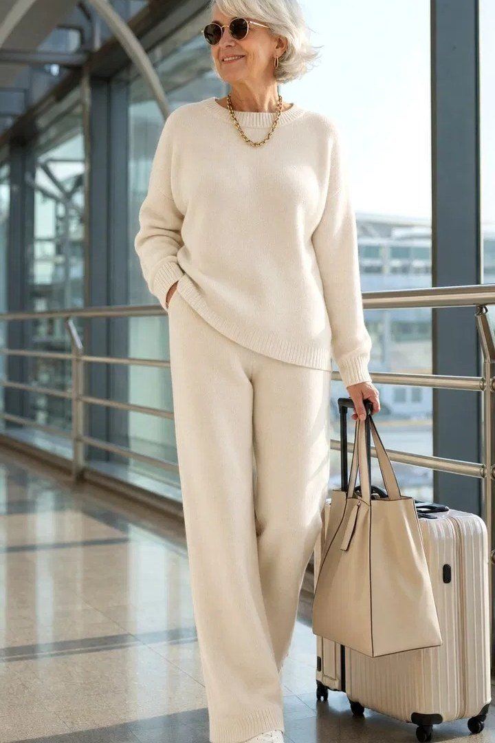 Older woman cream sweater with cream wide pants and suitcase - trendy outfit idea for women over 70