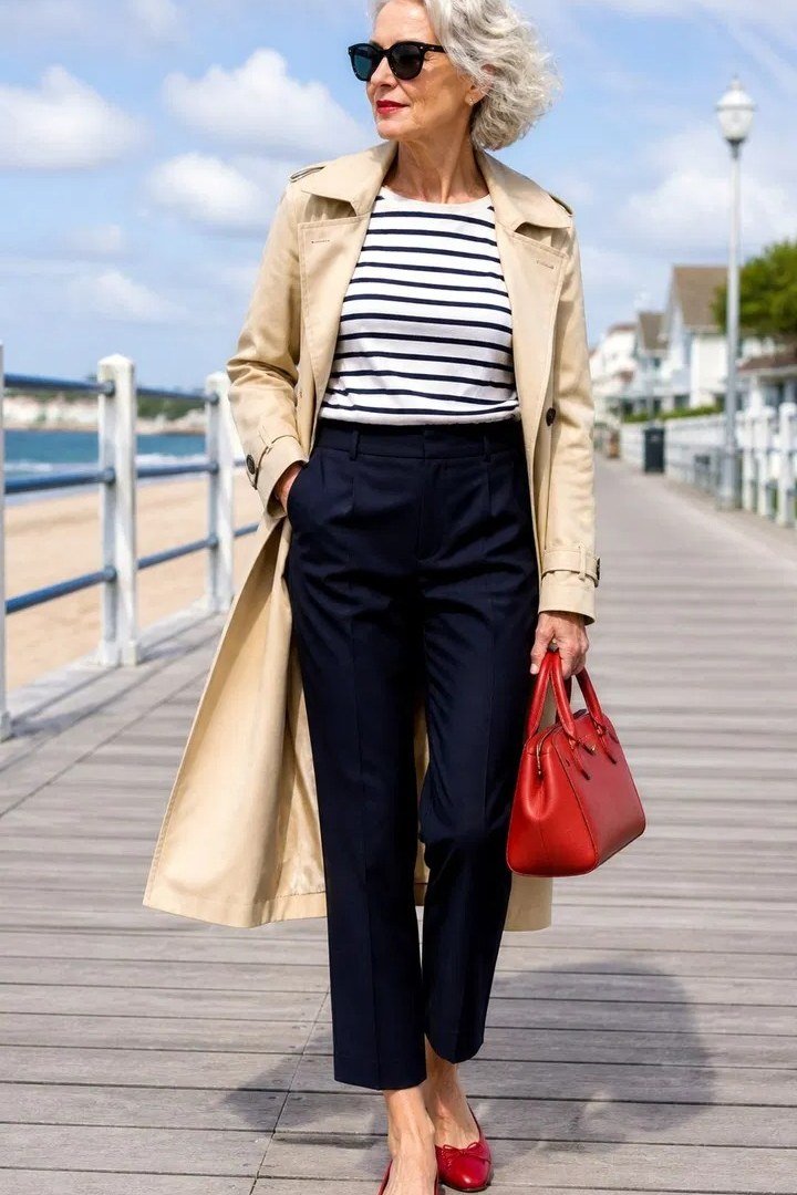 Older woman long beige trench with stripe top and red bag on boardwalk - trendy outfit idea for women over 70