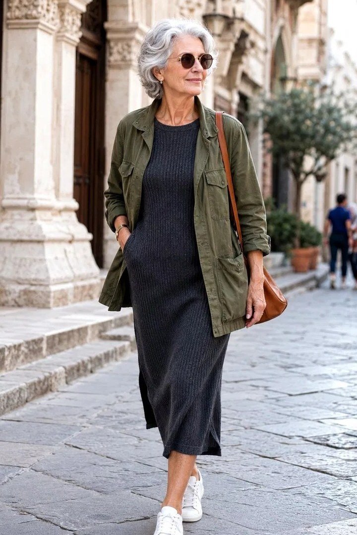 Older woman olive utility jacket with charcoal ribbed dress - trendy outfit idea for women over 70