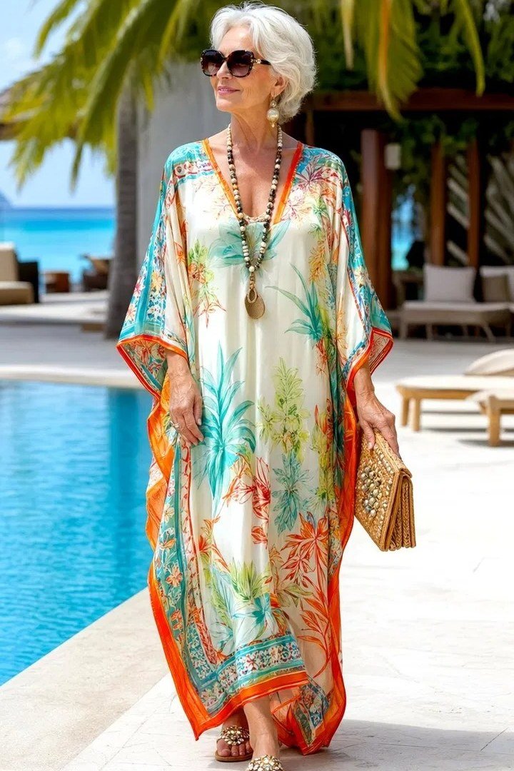 Older woman tropical printed resort caftan poolside - trendy outfit idea for women over 70