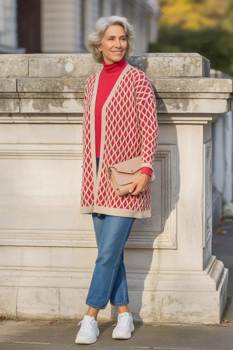 Fall turtleneck outfit for women over 50: red turtleneck with pink patterned cardigan, jeans, stone terrace